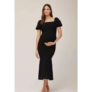 Bumpsuit Shirred Puff Sleeve Smocked Gauze Black Midi Dress Maternity Medium